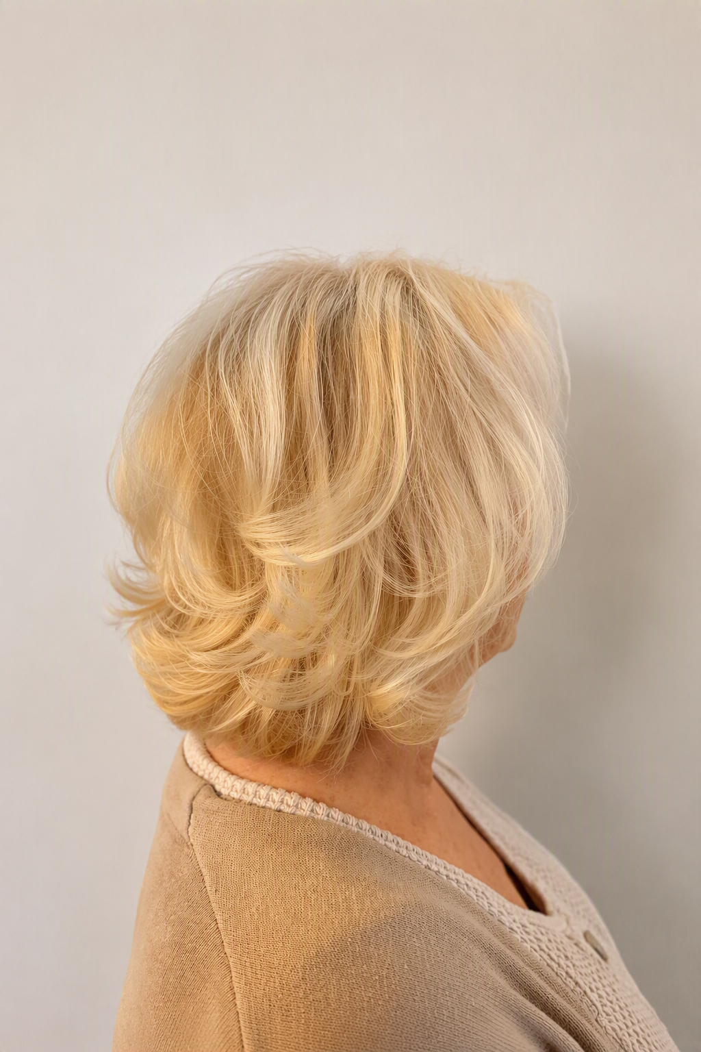 Blond haar in laagjes, van opzij gezien